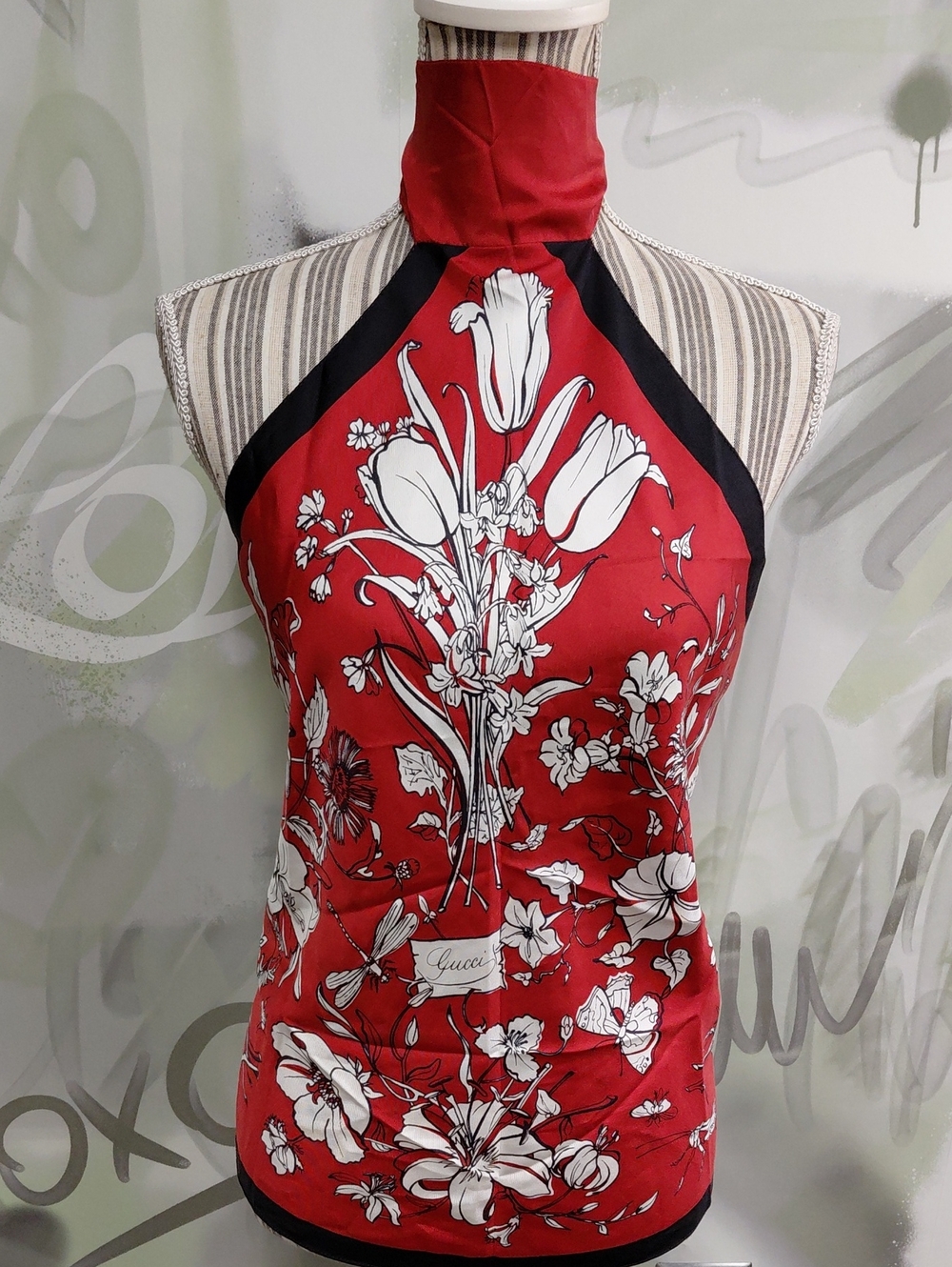 Gucci Red and White Floral Halter Top with Black Accents (RARE)